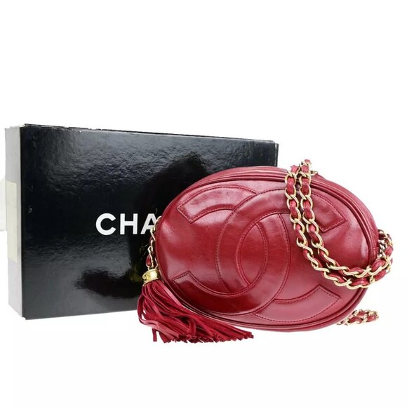 CHANEL CC Mini Tassel Oval Chain Shoulder Bag Leather Red GHW Vintage - Picture 1 of 16